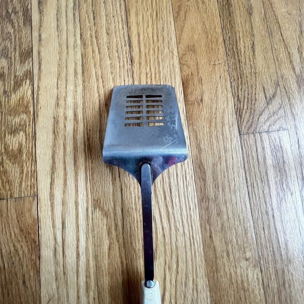 Vintage 1970's ECKO Chromium Plated Slotted Spatula Flipper White Handle MCM USA